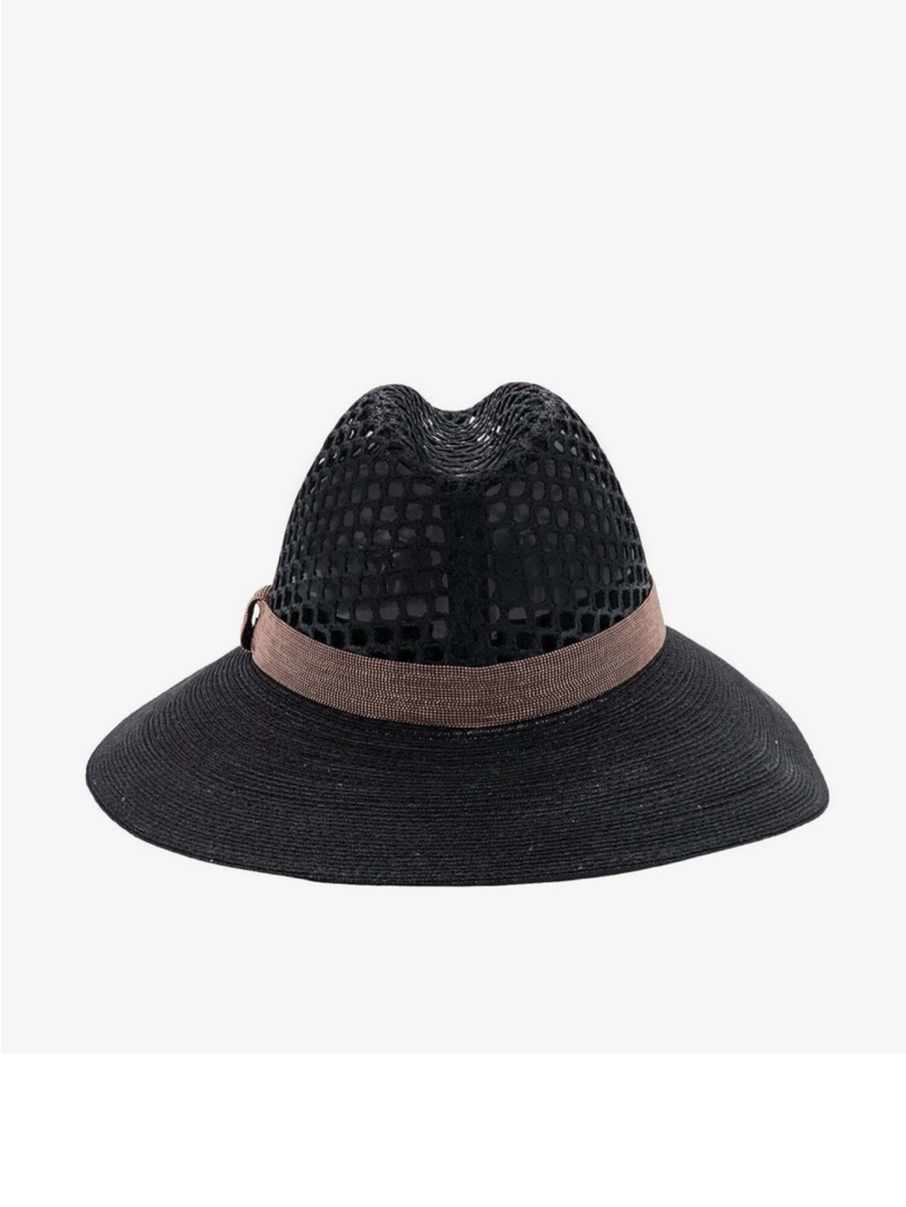 Brunello Cucinelli Black Straw Fedora with Bronze Trim BNWT